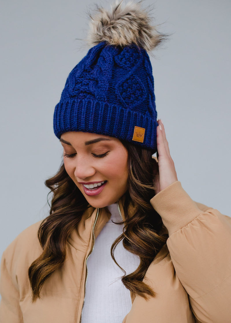 Royal Blue Cable Knit Pom Hat