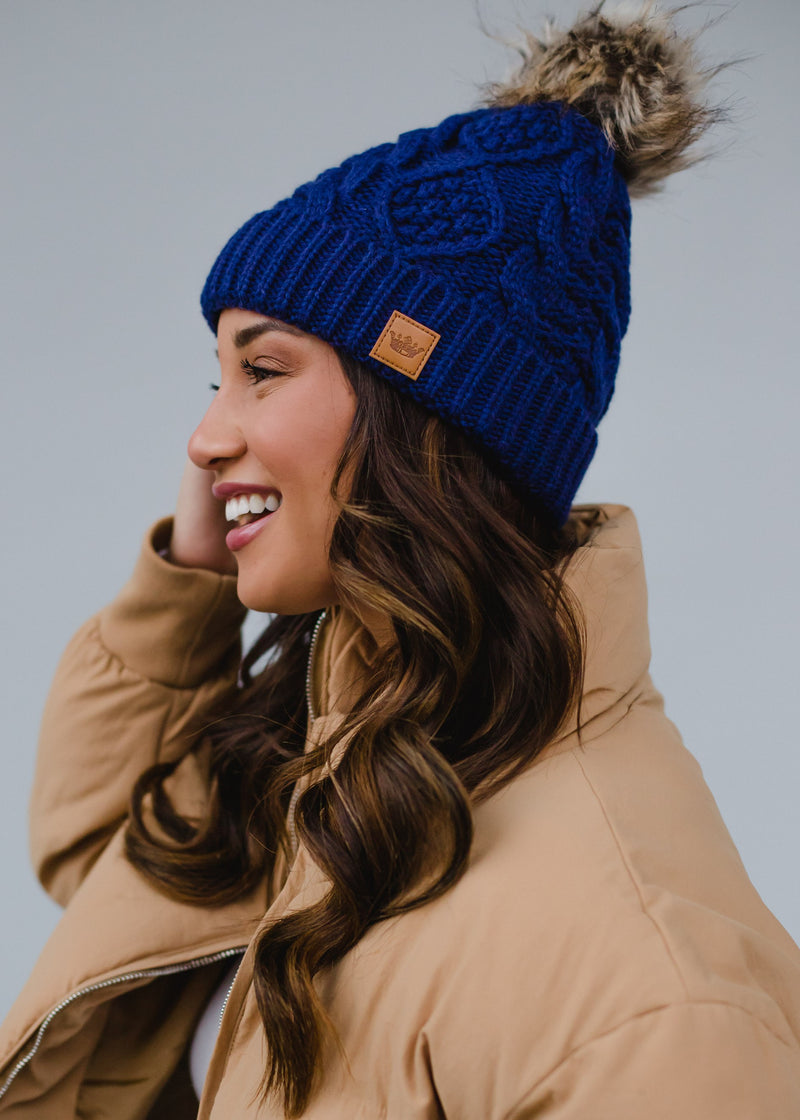 Royal Blue Cable Knit Pom Hat