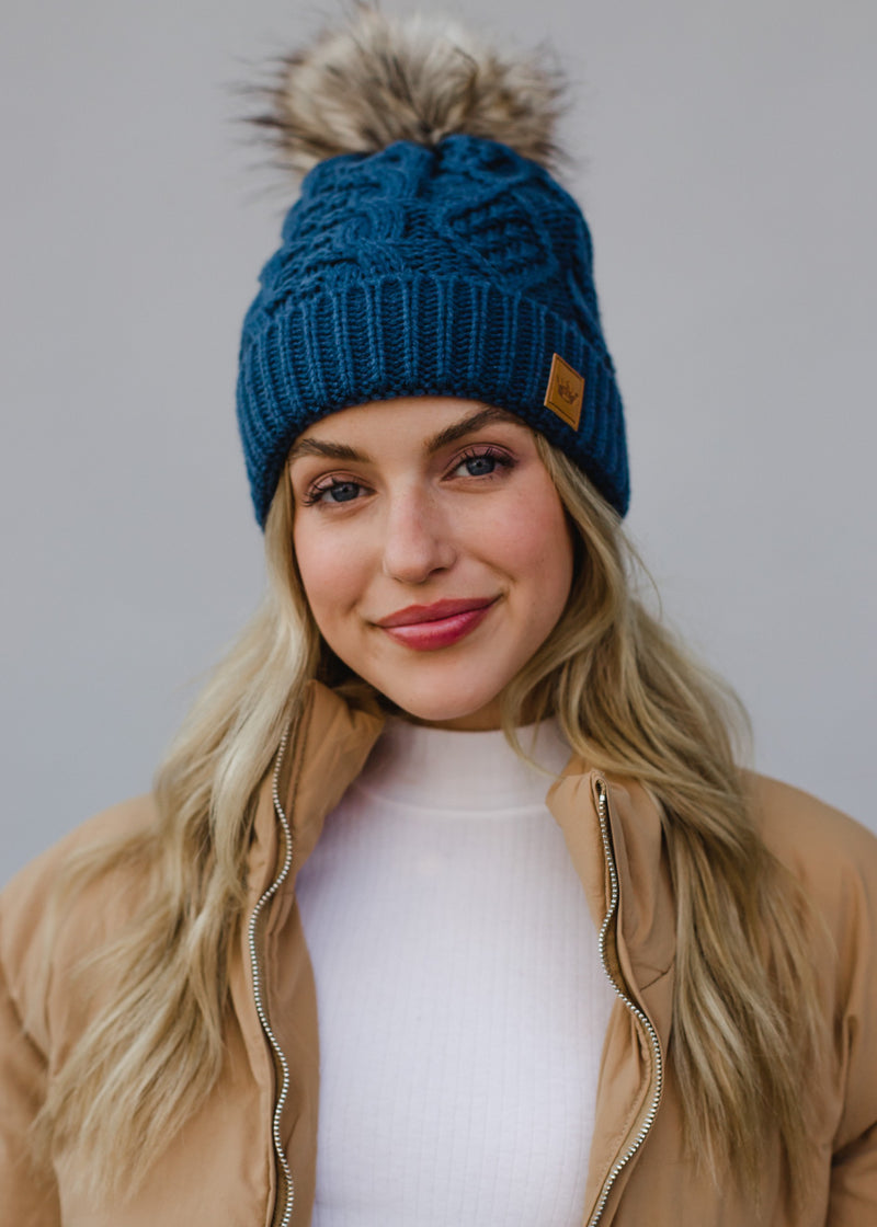 Steel Blue Cable Knit Pom Hat