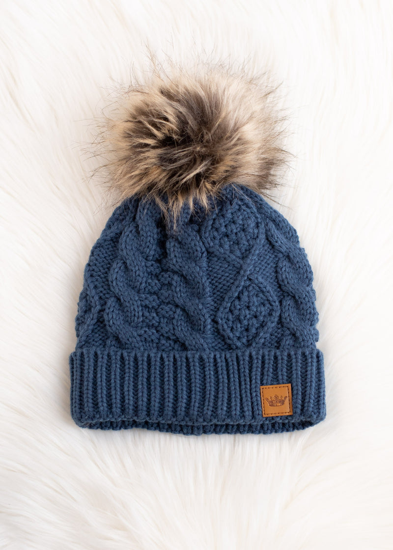 Steel Blue Cable Knit Pom Hat