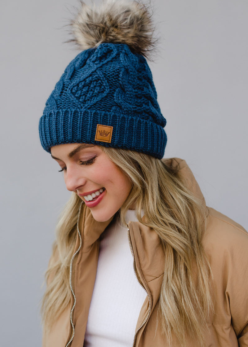 Steel Blue Cable Knit Pom Hat