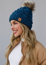 Steel Blue Cable Knit Pom Hat