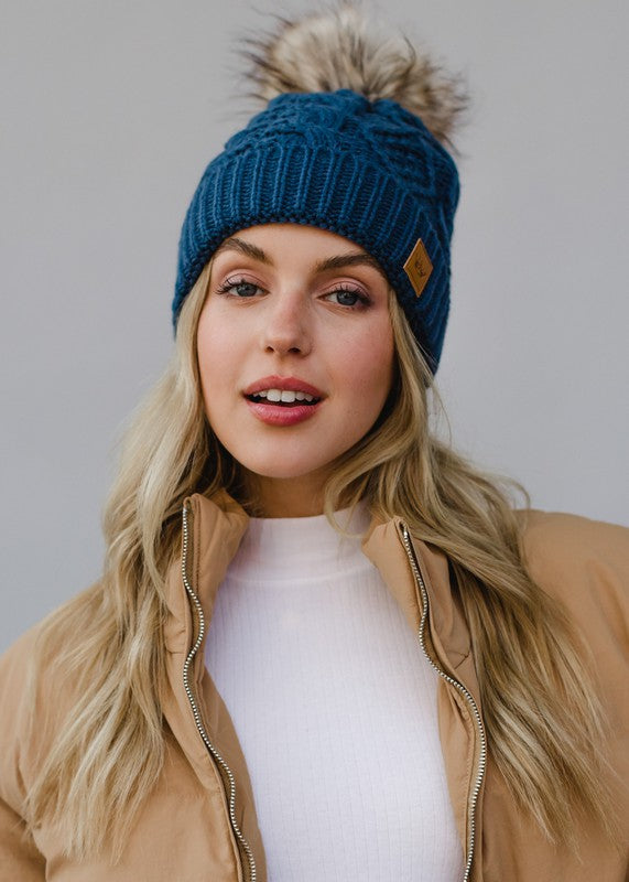 Steel Blue Cable Knit Pom Hat