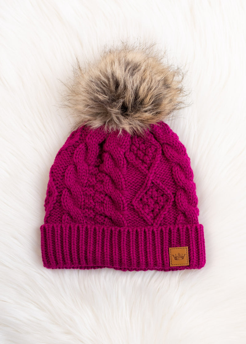 Magenta Cable Knit Pom Hat