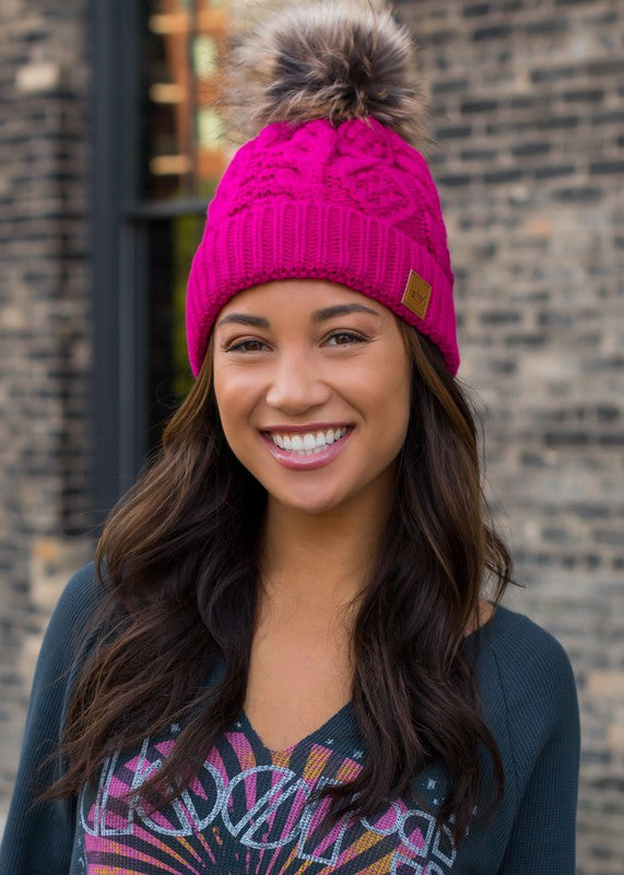 Pink Cable Knit Pom Hat