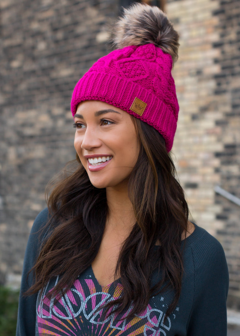 Pink Cable Knit Pom Hat