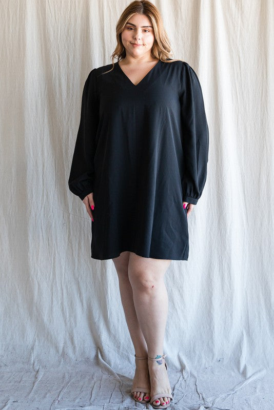 Solid V-Neck Bubble Sleeve Dress (Plus Size - Black)