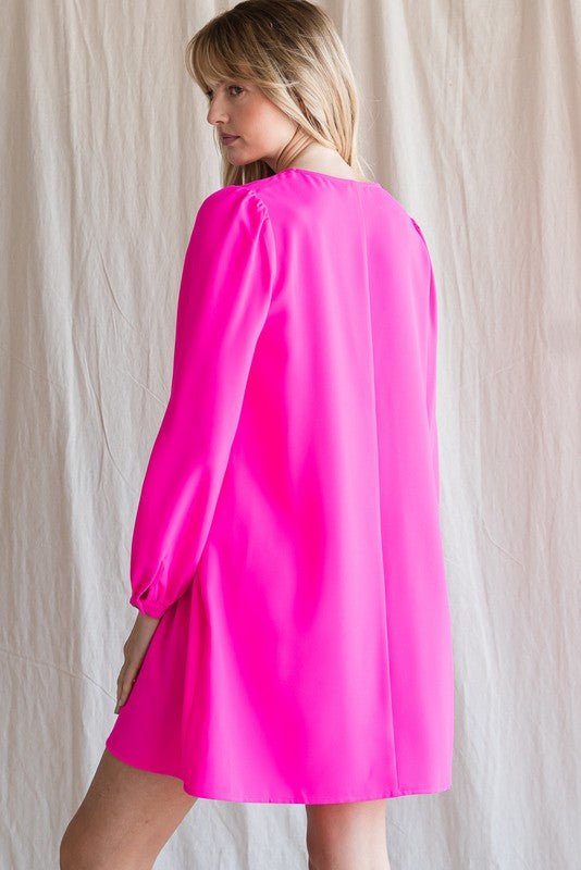 Solid V-Neck Bubble Sleeve Dress (Plus Size - Hot Pink)