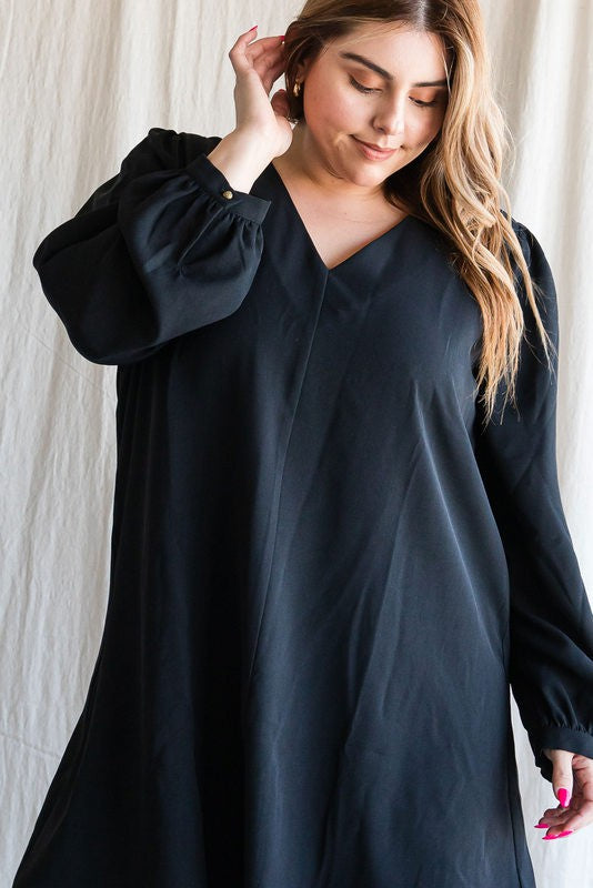 Solid V-Neck Bubble Sleeve Dress (Plus Size - Black)