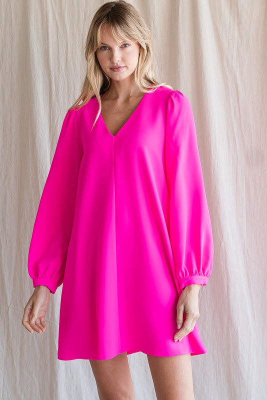Solid V-Neck Bubble Sleeve Dress (Plus Size - Hot Pink)