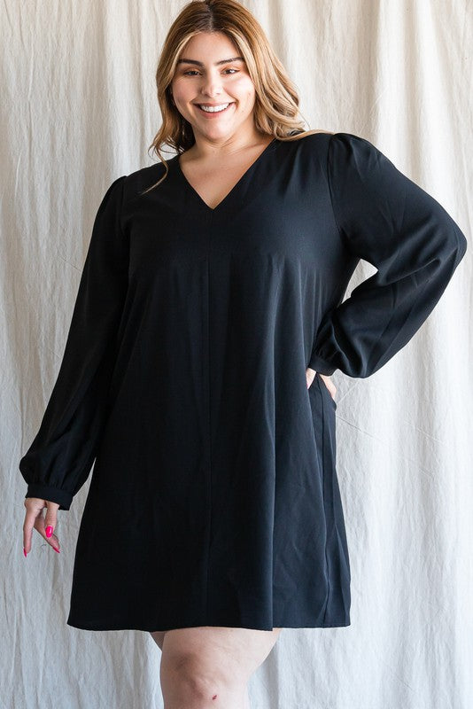 Solid V-Neck Bubble Sleeve Dress (Plus Size - Black)