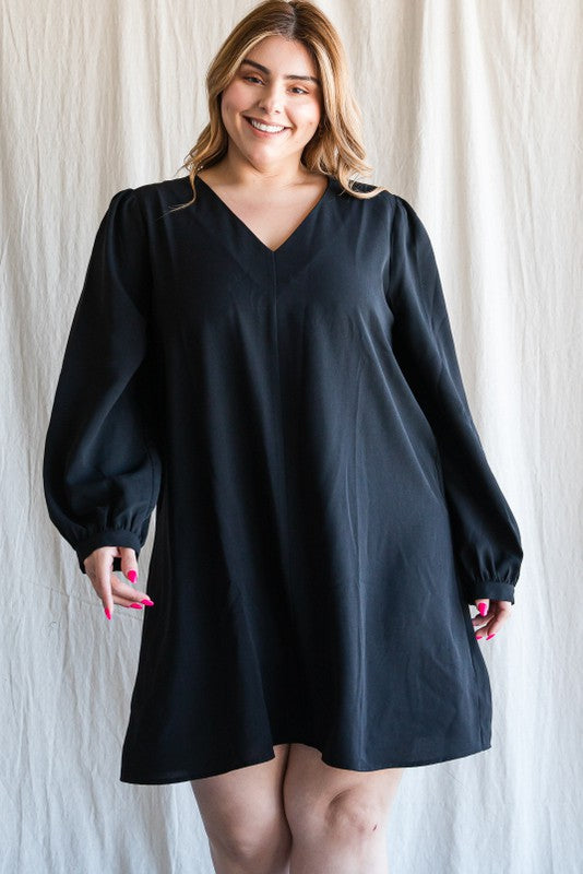 Solid V-Neck Bubble Sleeve Dress (Plus Size - Black)