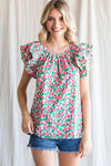 Ruffle Shoulder Floral Print Top
