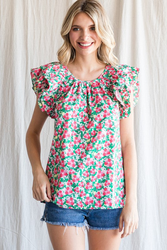 Ruffle Shoulder Floral Print Top