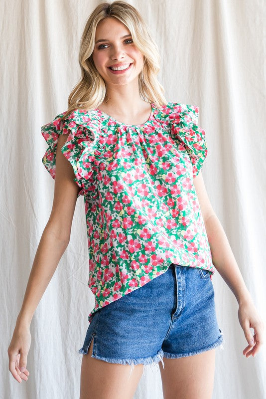 Ruffle Shoulder Floral Print Top