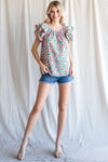 Ruffle Shoulder Floral Print Top