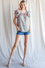 Ruffle Shoulder Floral Print Top
