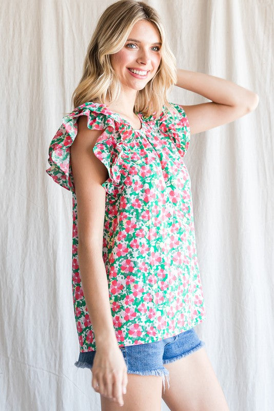 Ruffle Shoulder Floral Print Top