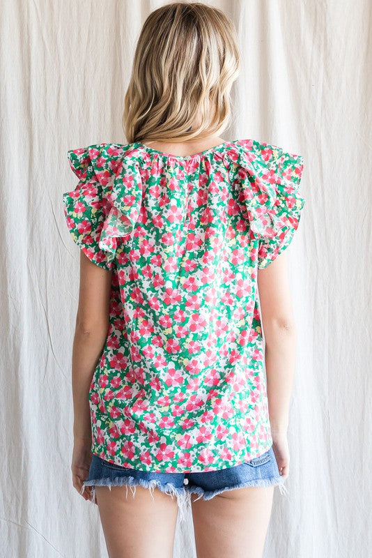 Ruffle Shoulder Floral Print Top