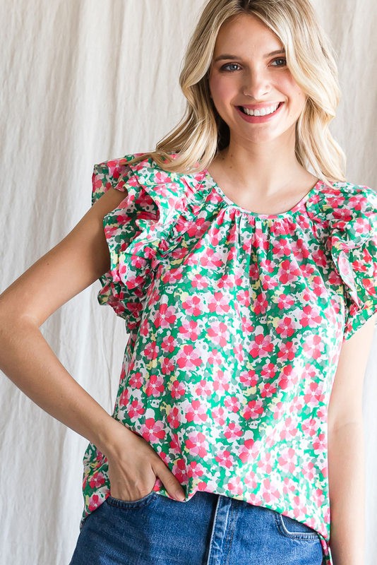 Ruffle Shoulder Floral Print Top