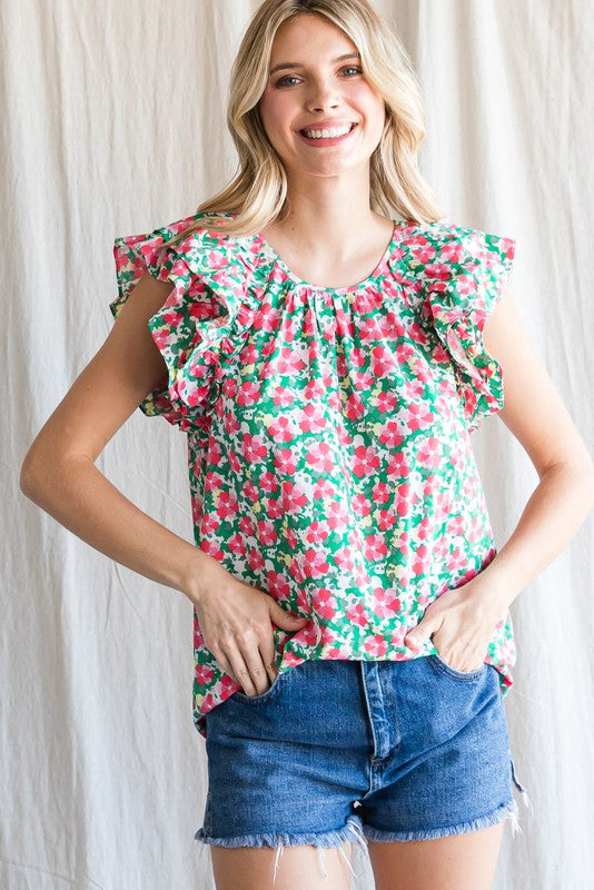 Ruffle Shoulder Floral Print Top