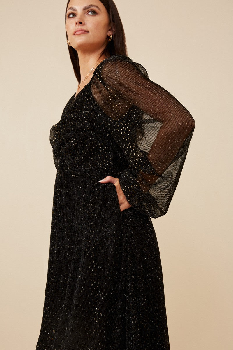 Gold Foil Crinkle Texture Twist Detail Maxi Dress