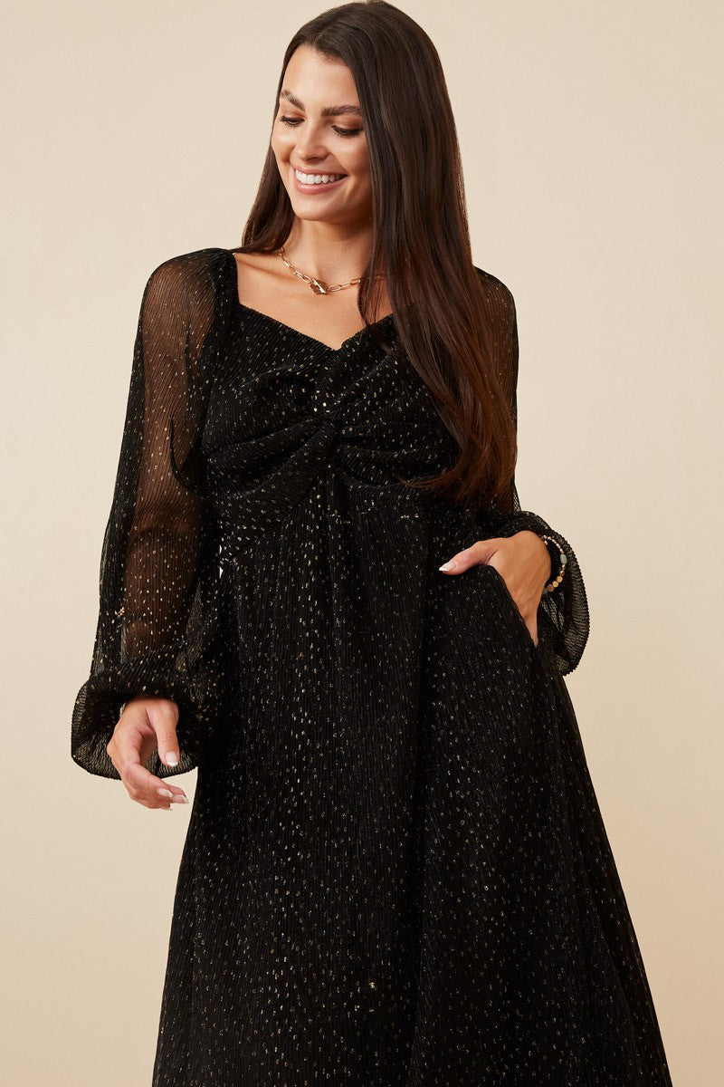 Gold Foil Crinkle Texture Twist Detail Maxi Dress