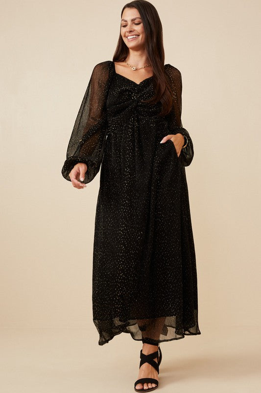 Gold Foil Crinkle Texture Twist Detail Maxi Dress