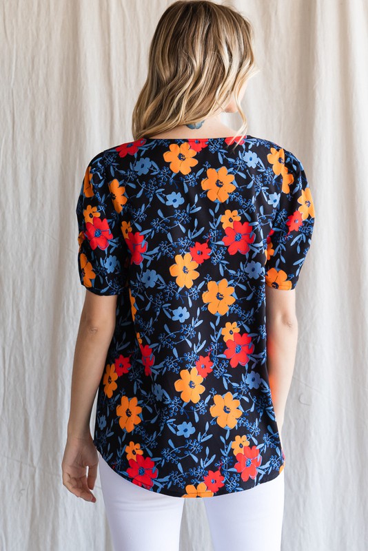 Floral V-Neck Puff Sleeve Top