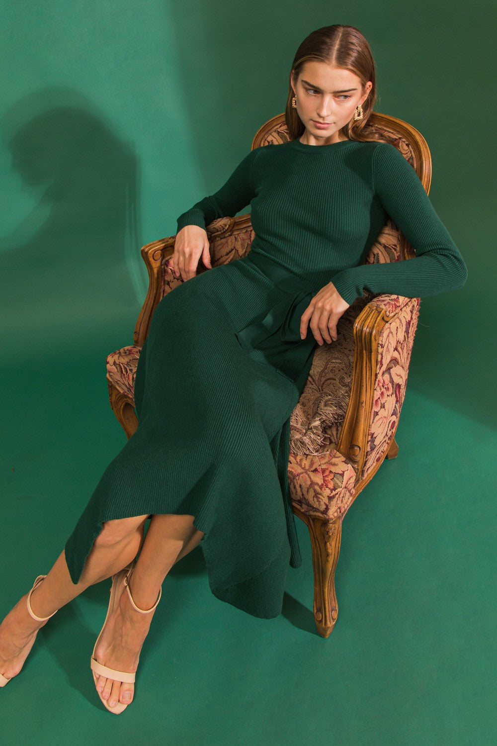 Shark Bite Hem Long Sleeve Sweater Dress (Green)