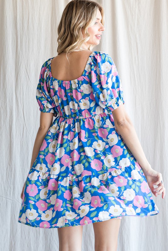 Flower Print Sweetheart Neck Puff Sleeve Dress