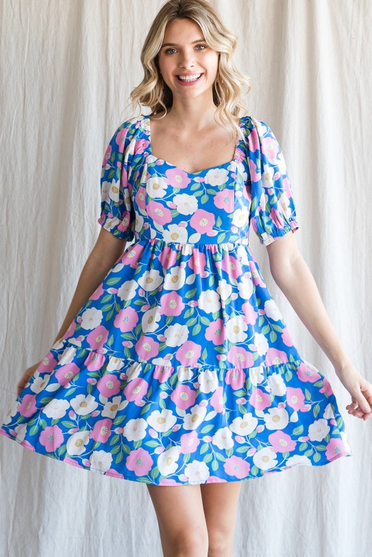 Flower Print Sweetheart Neck Puff Sleeve Dress