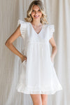 Textured Check Ruffle Sleeve Babydoll Dress (White)