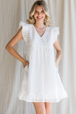 Textured Check Ruffle Sleeve Babydoll Dress (White)