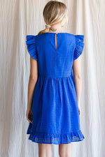 Textured Check Ruffle Sleeve Babydoll Dress (Royal Blue)