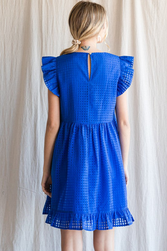 Textured Check Ruffle Sleeve Babydoll Dress (Royal Blue)