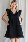 Textured Check Ruffle Sleeve Babydoll Dress (Black)