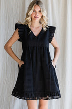 Textured Check Ruffle Sleeve Babydoll Dress (Black)