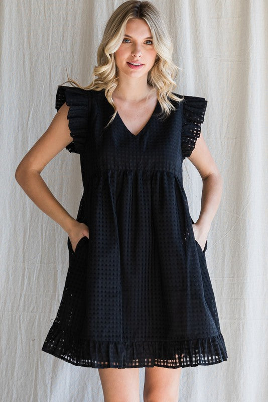 Textured Check Ruffle Sleeve Babydoll Dress (Black)