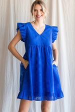 Textured Check Ruffle Sleeve Babydoll Dress (Royal Blue)