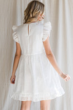 Textured Check Ruffle Sleeve Babydoll Dress (White)
