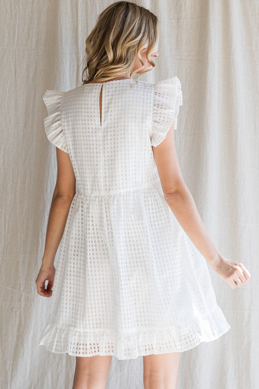 Textured Check Ruffle Sleeve Babydoll Dress (White)