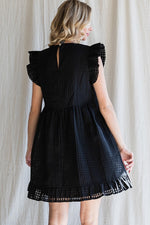 Textured Check Ruffle Sleeve Babydoll Dress (Black)
