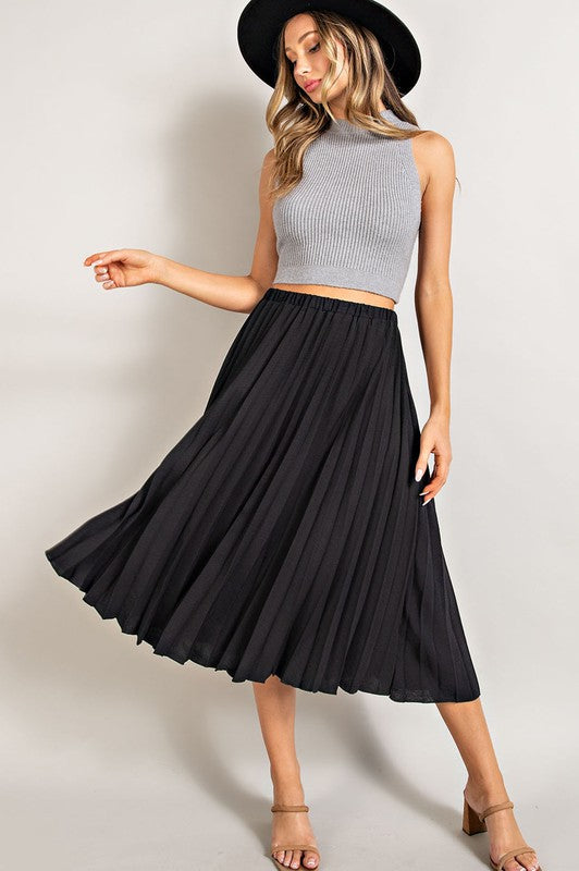 Elastic Waist Pleated Midi Skirt (Black)