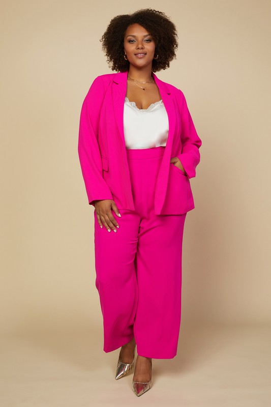 Floral Lining Long Sleeve Recycled Polyester Blazer (Plus Size - Hyper Pink)