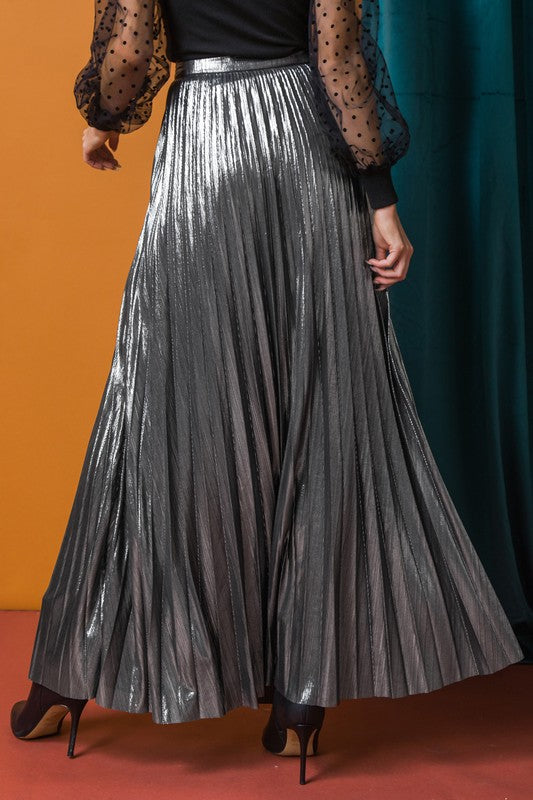 Silver Foil Pleated Maxi Skirt