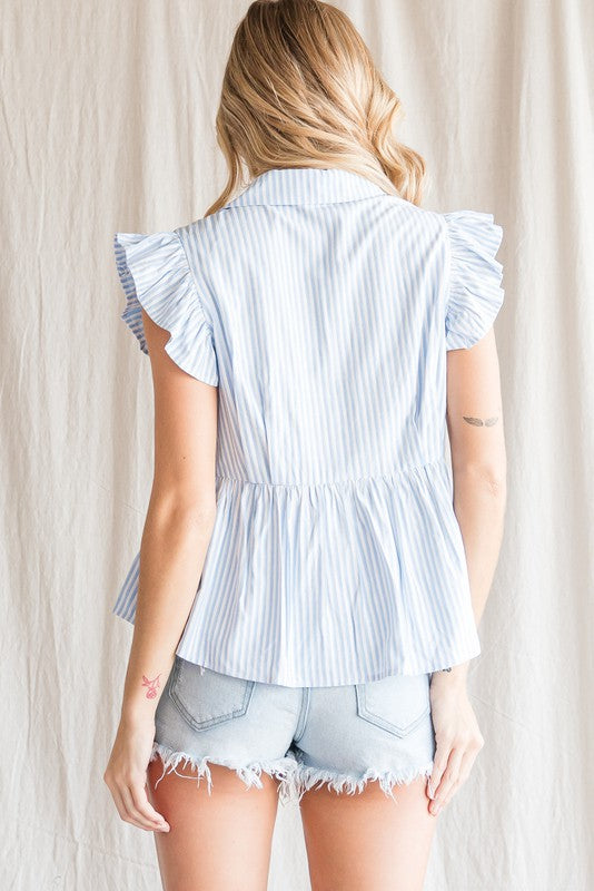 Striped Open Collar Peplum Top