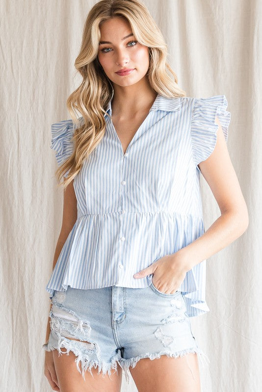 Striped Open Collar Peplum Top