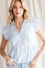 Striped Open Collar Peplum Top