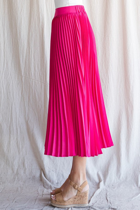 Solid Pleated Midi Skirt (Hot Pink - Plus Size)